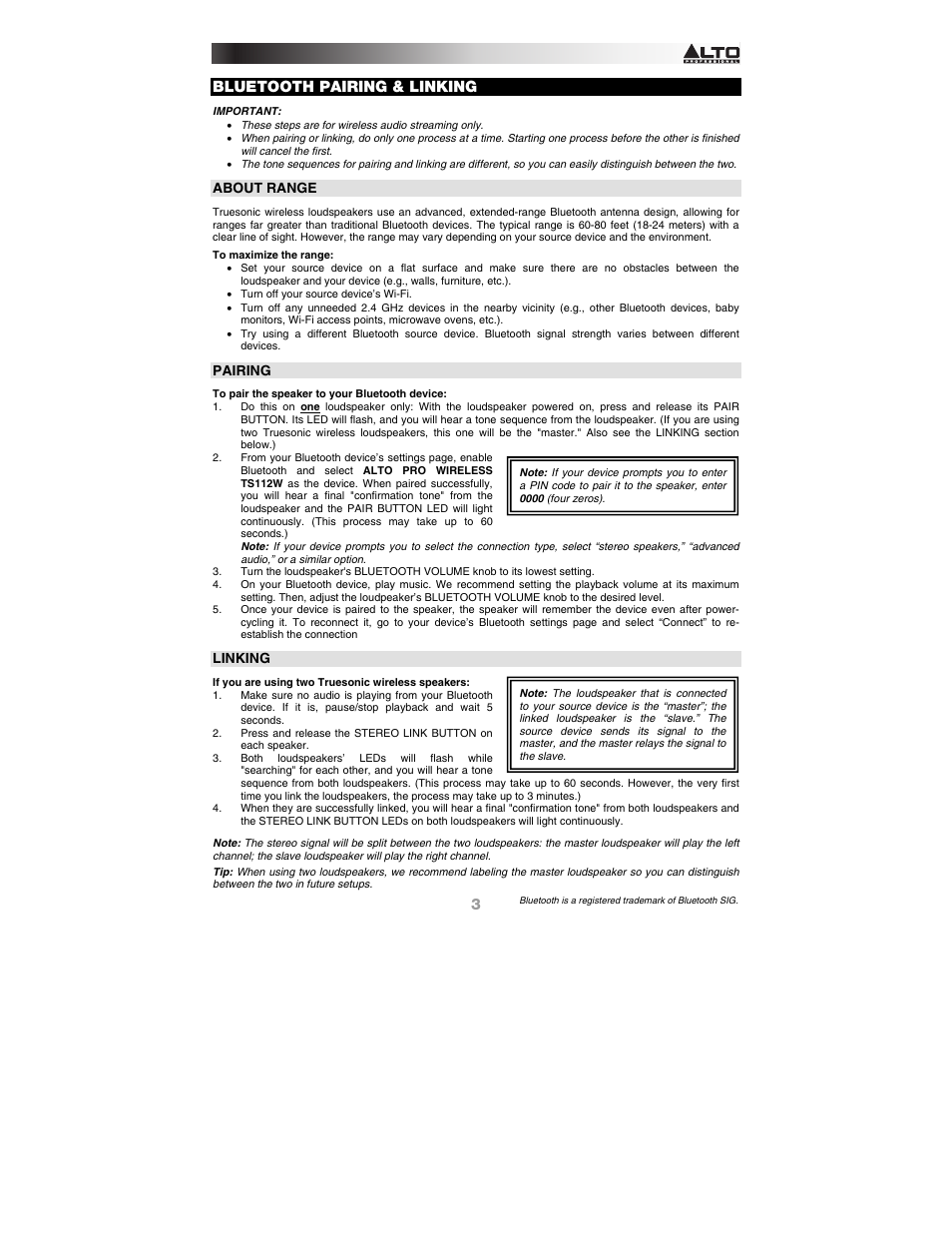 Bluetooth pairing & linking, About range, Pairing | Linking | Alto Professional TS115W User Manual | Page 3 / 20