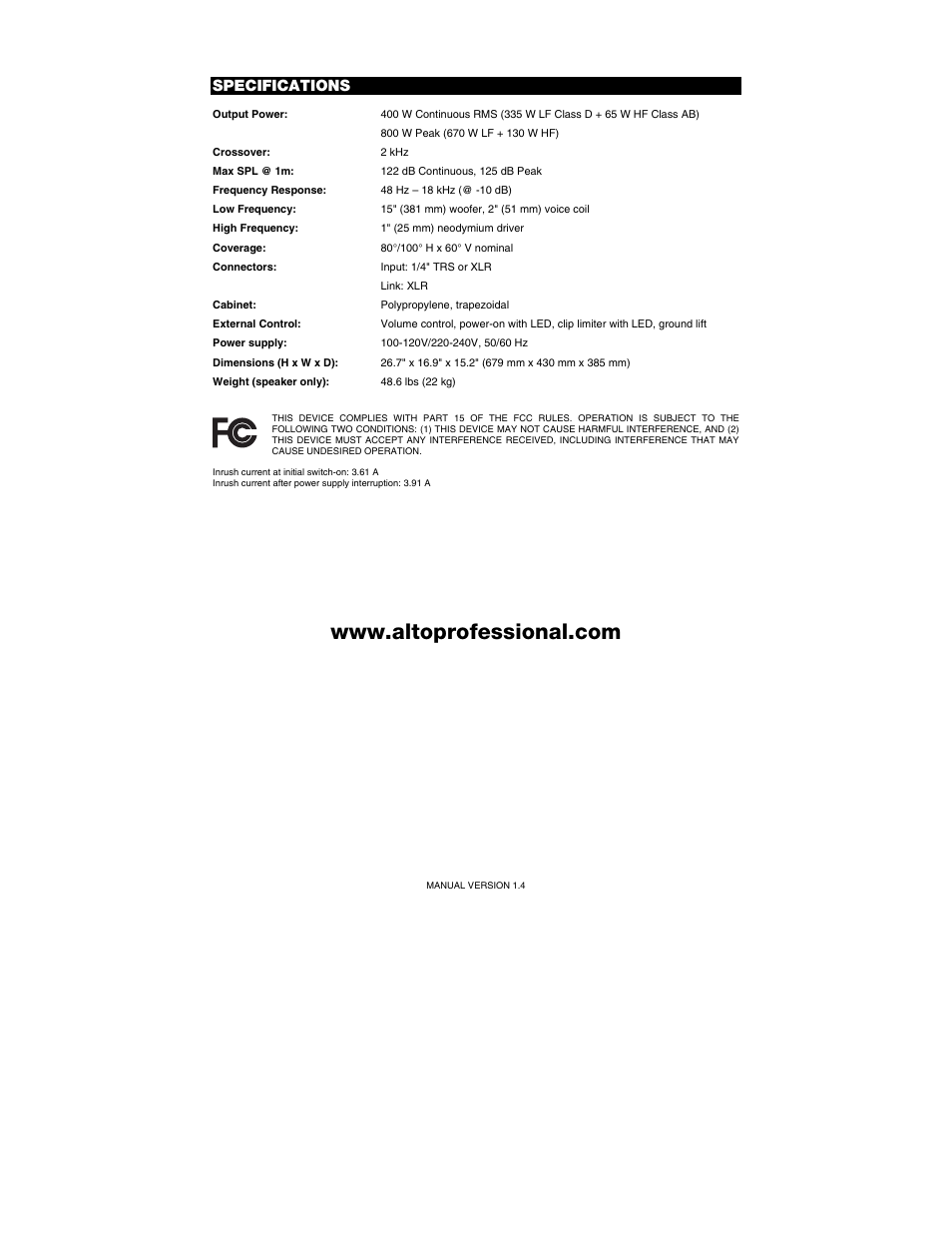 Specifications | Alto Professional TS115A User Manual | Page 8 / 8