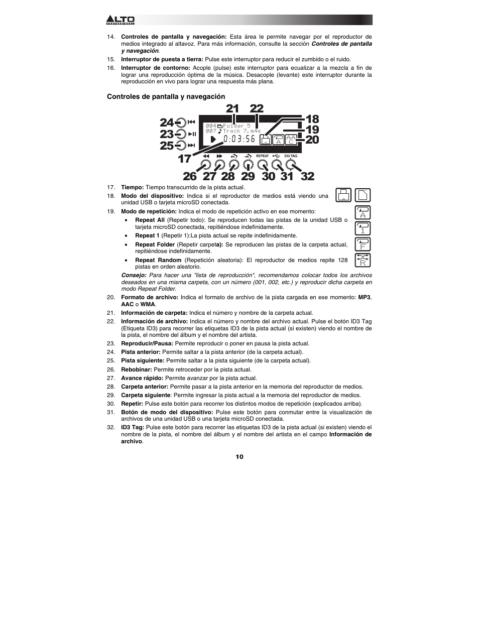Controles de pantalla y navegación | Alto Professional TS115 Vibe User Manual | Page 10 / 28