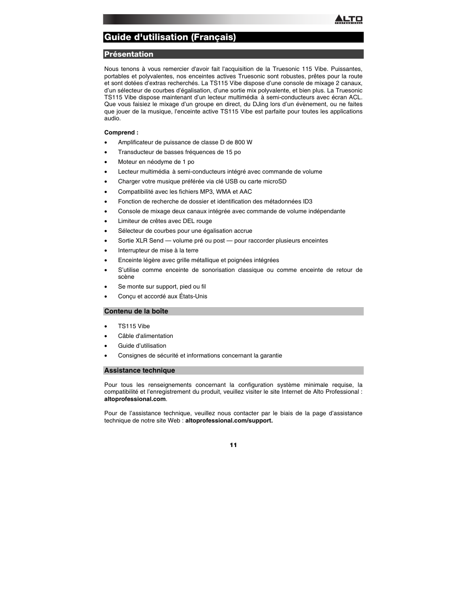 Guide d'utilisation (français), Présentation, Contenu de la boîte | Assistance technique, Guide d'utilisation, Fran, Çais ( 11 – 14 ) | Alto Professional TS115 Vibe User Manual | Page 11 / 28