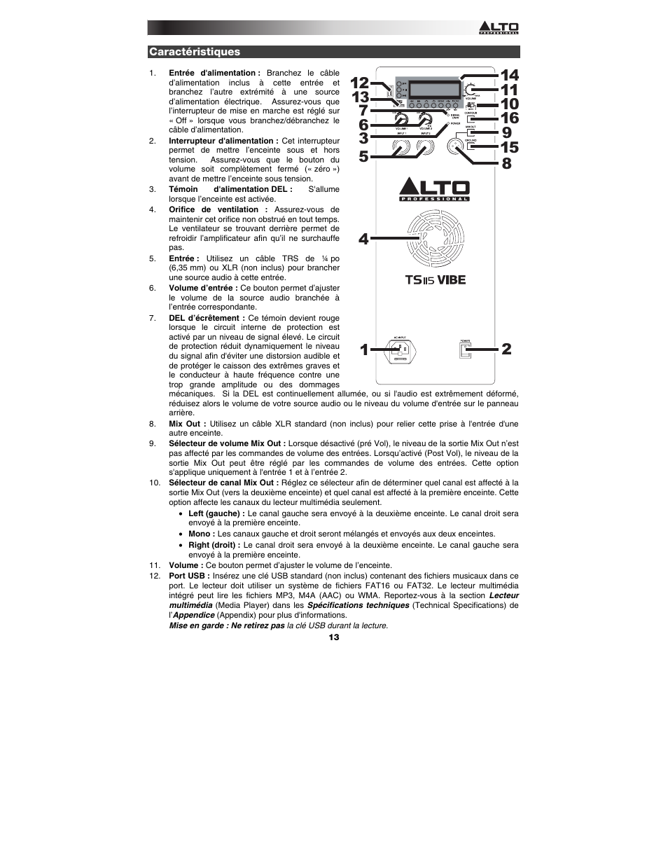 Caractéristiques | Alto Professional TS115 Vibe User Manual | Page 13 / 28