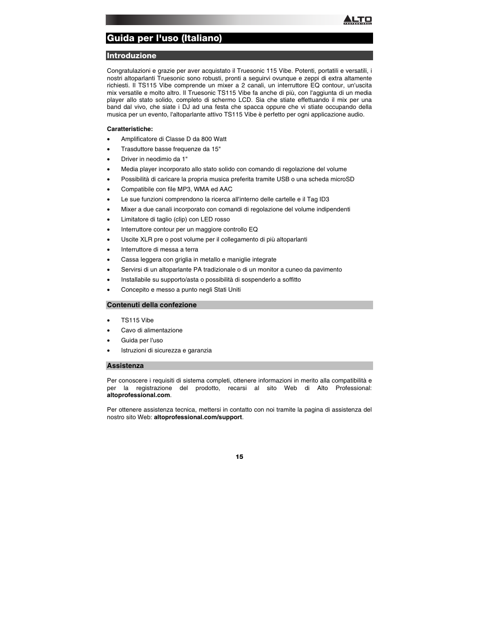 Guida per l'uso (italiano), Introduzione, Contenuti della confezione | Assistenza, Guida per l'uso, Italiano ( 15 – 18 ) | Alto Professional TS115 Vibe User Manual | Page 15 / 28