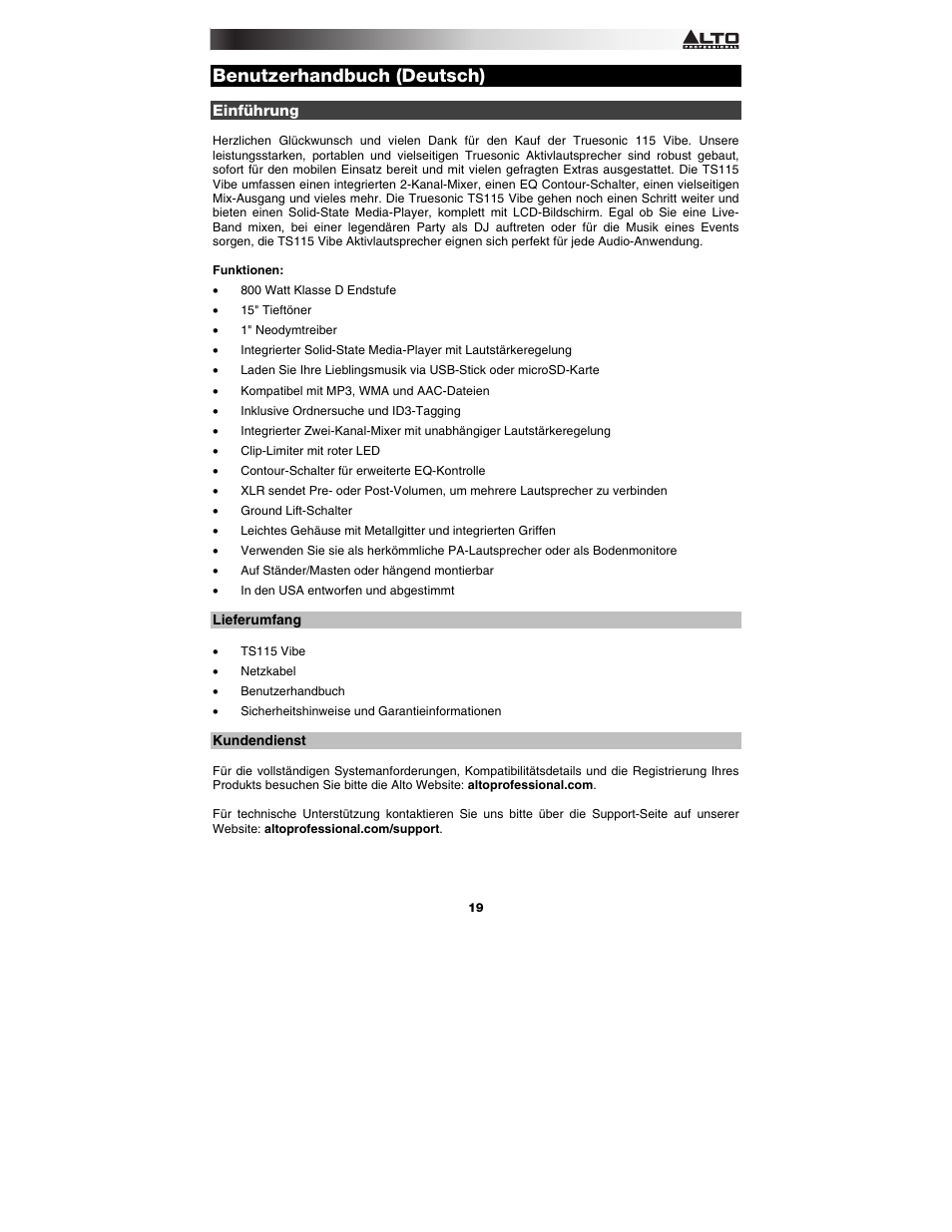 Benutzerhandbuch (deutsch), Einführung, Lieferumfang | Kundendienst, Benutzerhandbuch, Deutsch ( 19 – 22 ) | Alto Professional TS115 Vibe User Manual | Page 19 / 28