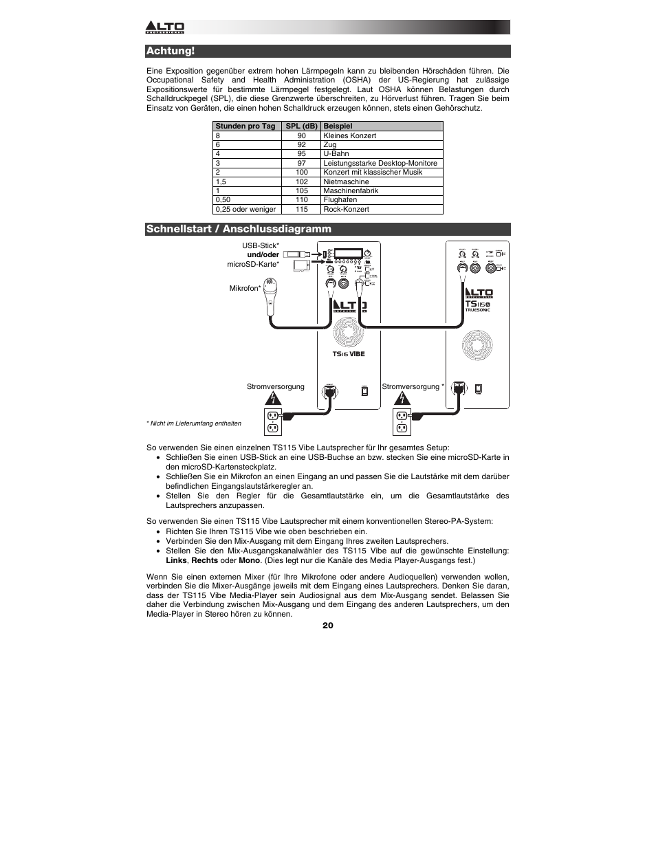 Achtung, Schnellstart / anschlussdiagramm | Alto Professional TS115 Vibe User Manual | Page 20 / 28