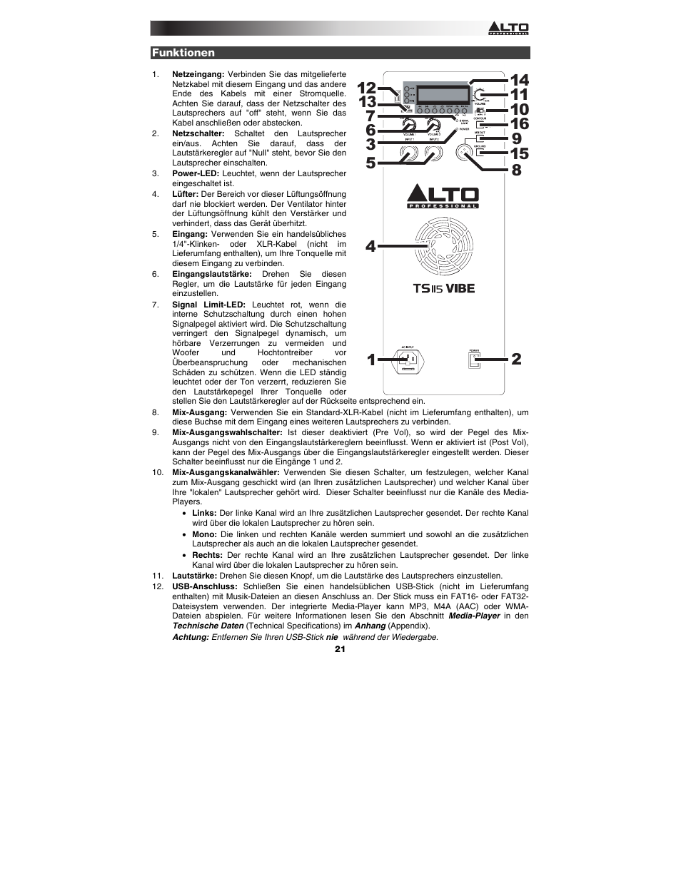 Funktionen | Alto Professional TS115 Vibe User Manual | Page 21 / 28