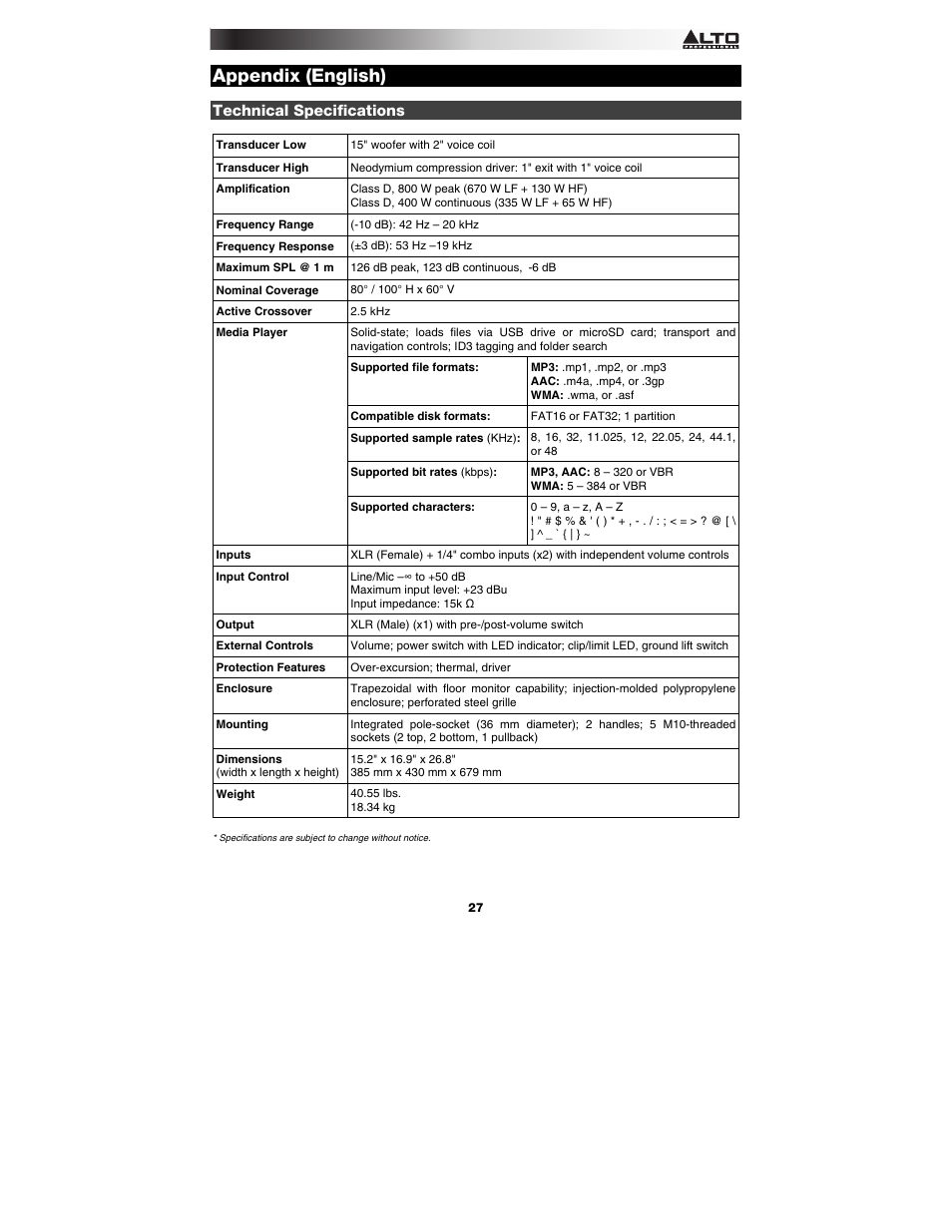 Appendix (english), Technical specifications, Appendix | English ( 27 ), Media player, E appendix, Technical specifications fo, Ón media player, E media player, Specifiche tecniche | Alto Professional TS115 Vibe User Manual | Page 27 / 28