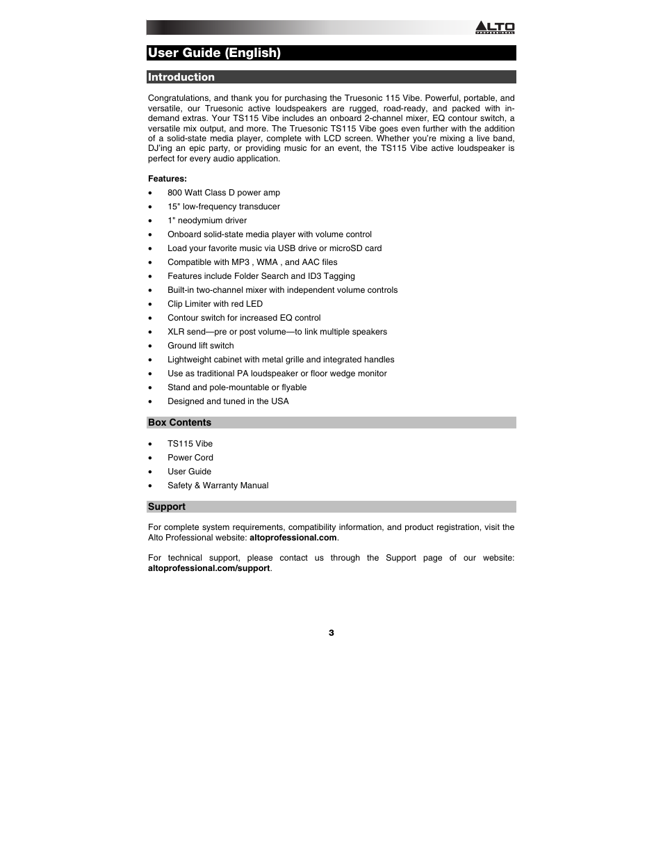 User guide (english), Introduction, Box contents | Support, User guide, English ( 3 – 6 ) | Alto Professional TS115 Vibe User Manual | Page 3 / 28