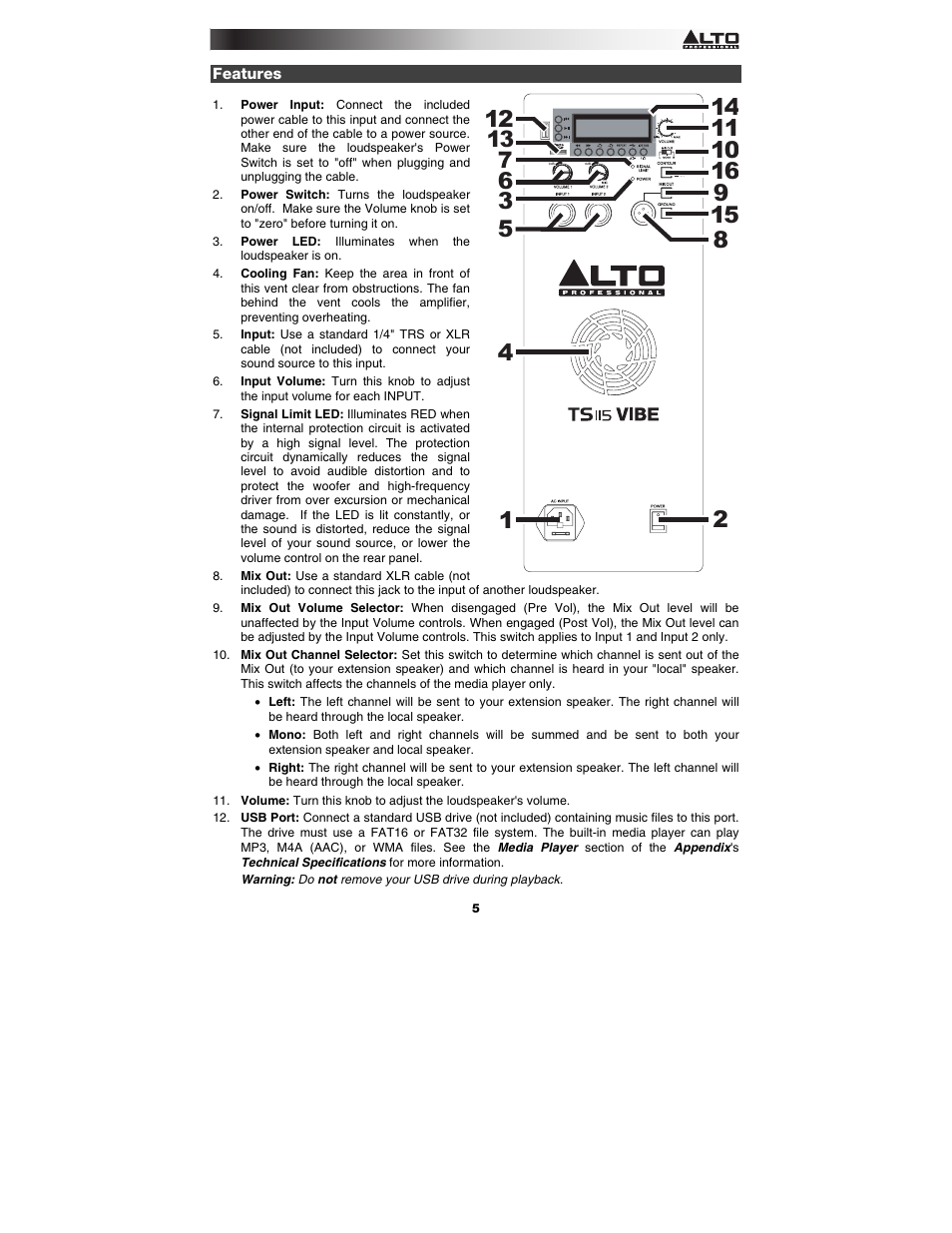 Features | Alto Professional TS115 Vibe User Manual | Page 5 / 28