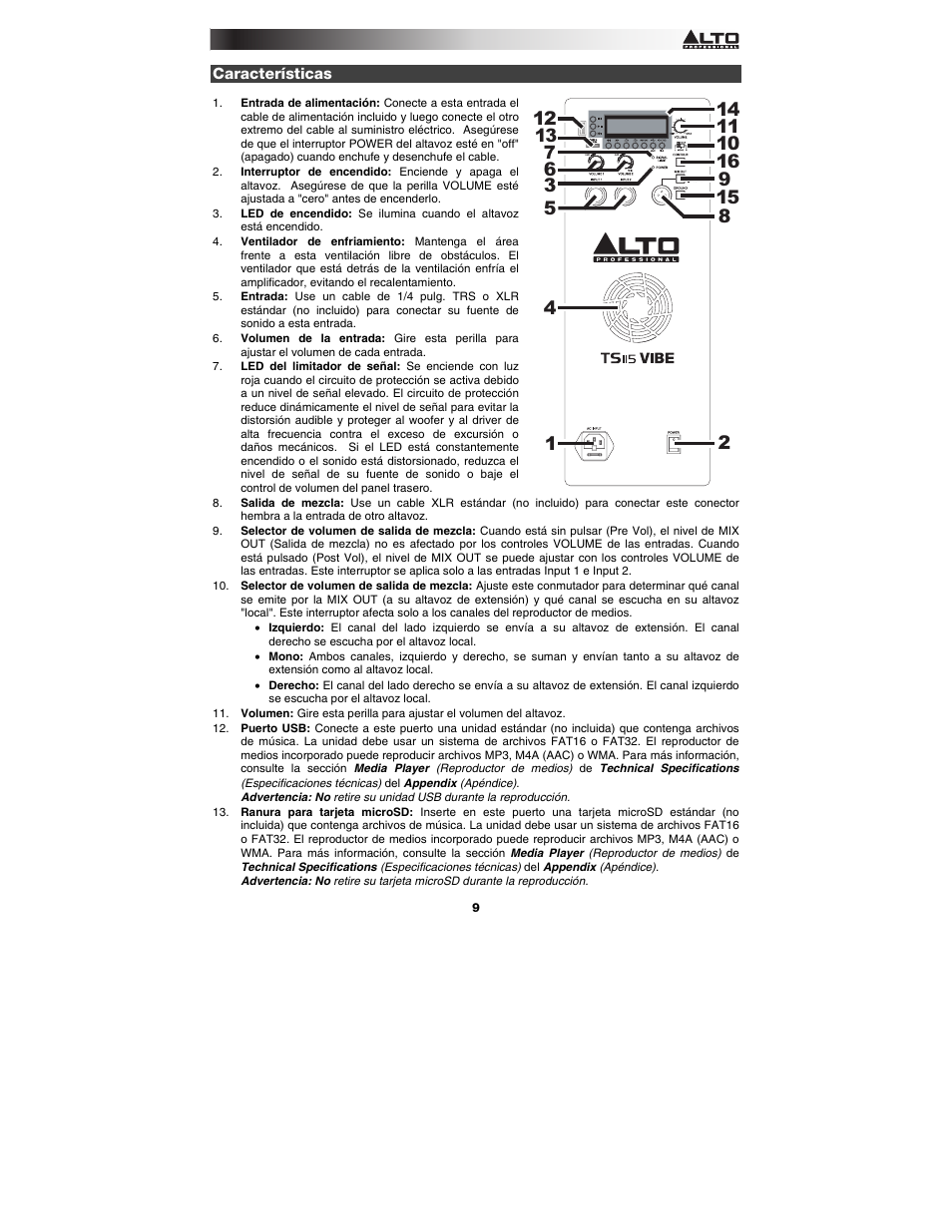Características | Alto Professional TS115 Vibe User Manual | Page 9 / 28