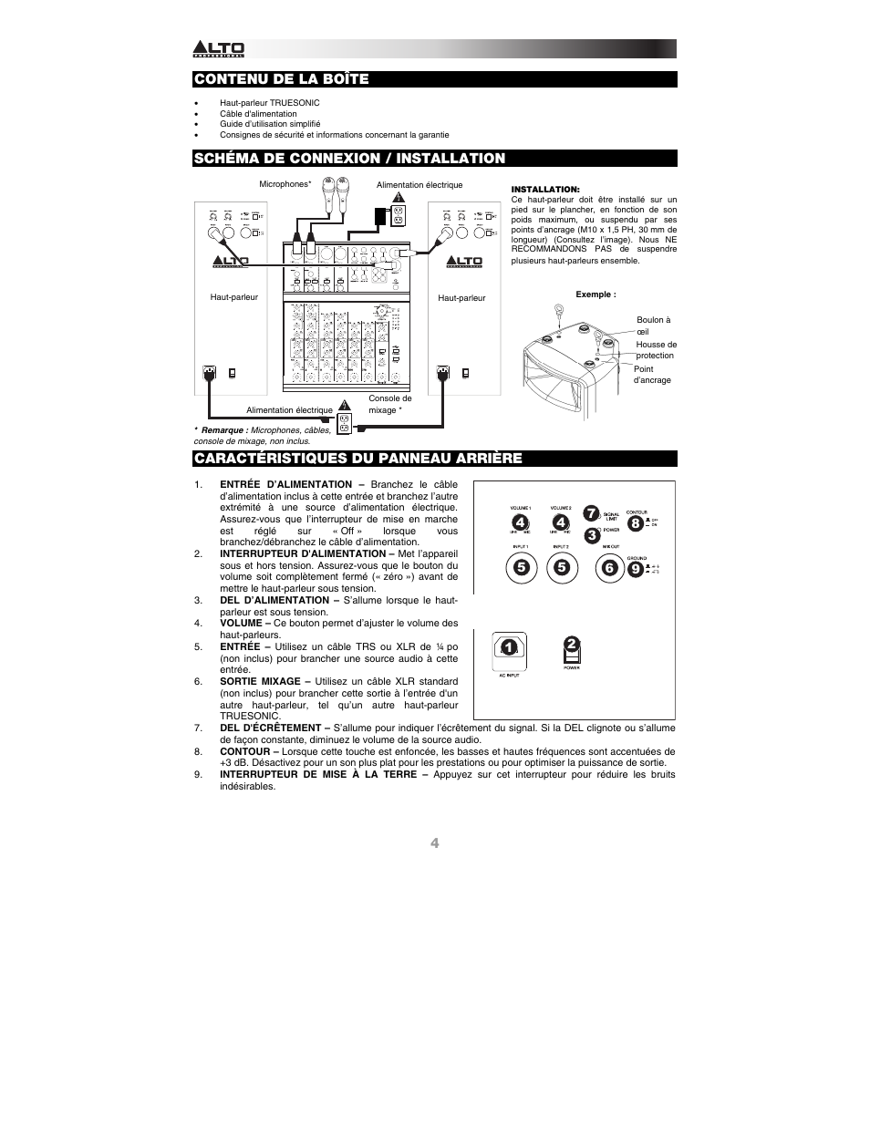 Contenu de la boîte, Schéma de connexion / installation, Caractéristiques du panneau arrière | Alto Professional TS112A User Manual | Page 4 / 8