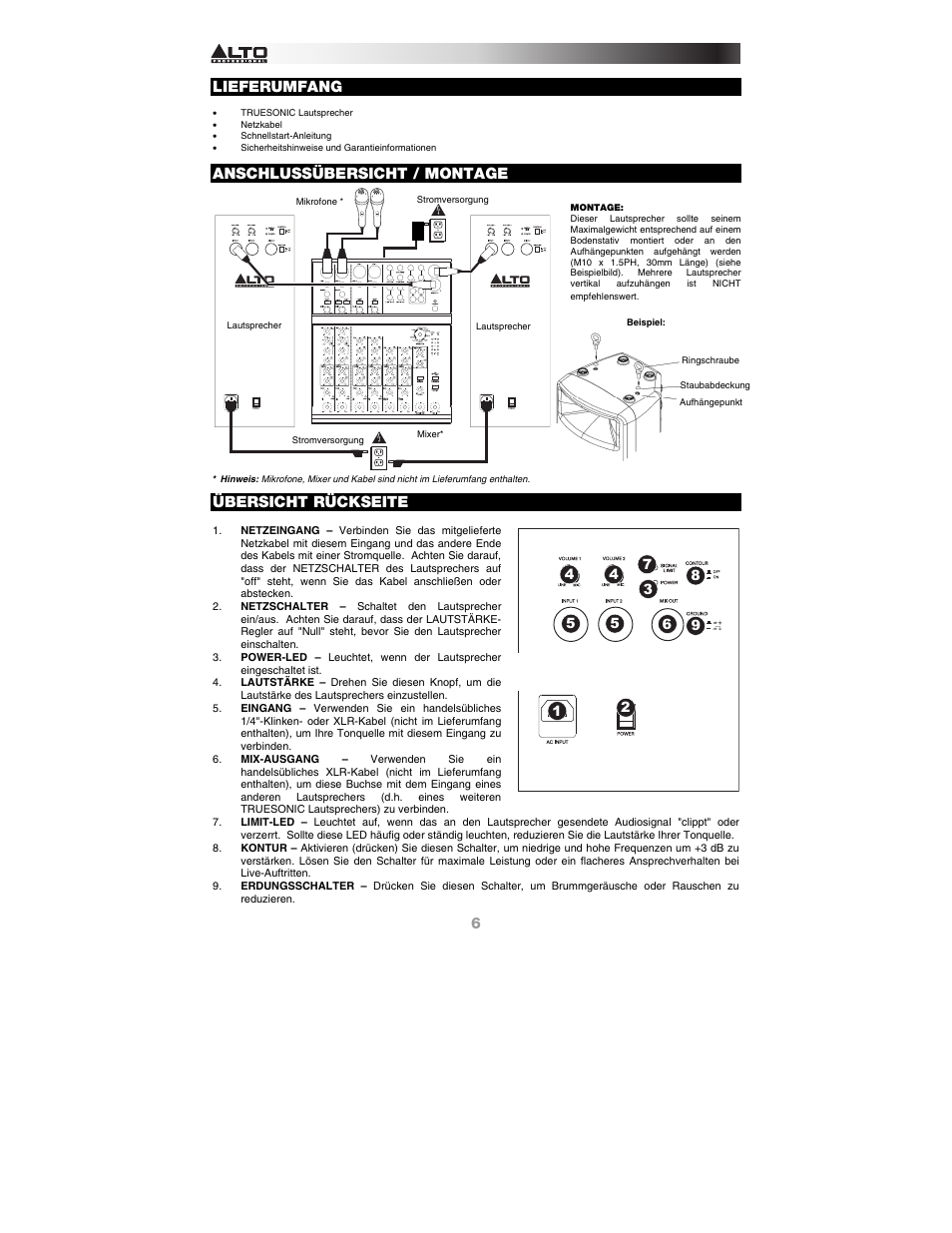 Lieferumfang, Anschlussübersicht / montage, Übersicht rückseite | Alto Professional TS112A User Manual | Page 6 / 8