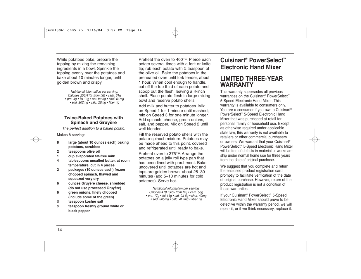 Cuisinart, Powerselect, Electronic hand mixer limited three-year warranty | Cuisinart CHM-5 User Manual | Page 14 / 16