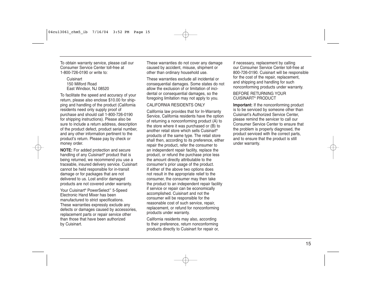 Cuisinart CHM-5 User Manual | Page 15 / 16
