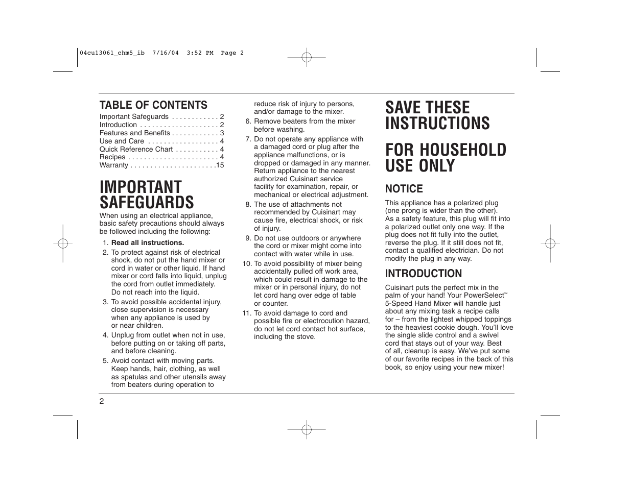 Cuisinart CHM-5 User Manual | Page 2 / 16