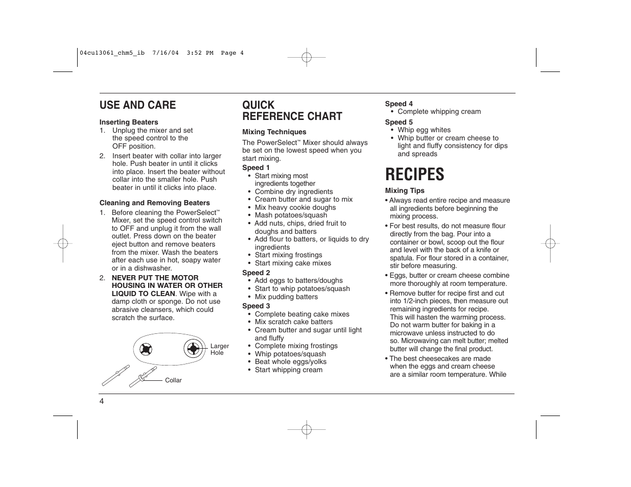 Recipes, Use and care, Quick reference chart | Cuisinart CHM-5 User Manual | Page 4 / 16