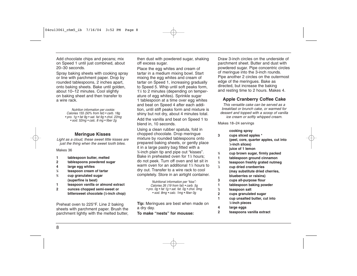 Meringue kisses, Apple cranberry coffee cake | Cuisinart CHM-5 User Manual | Page 8 / 16