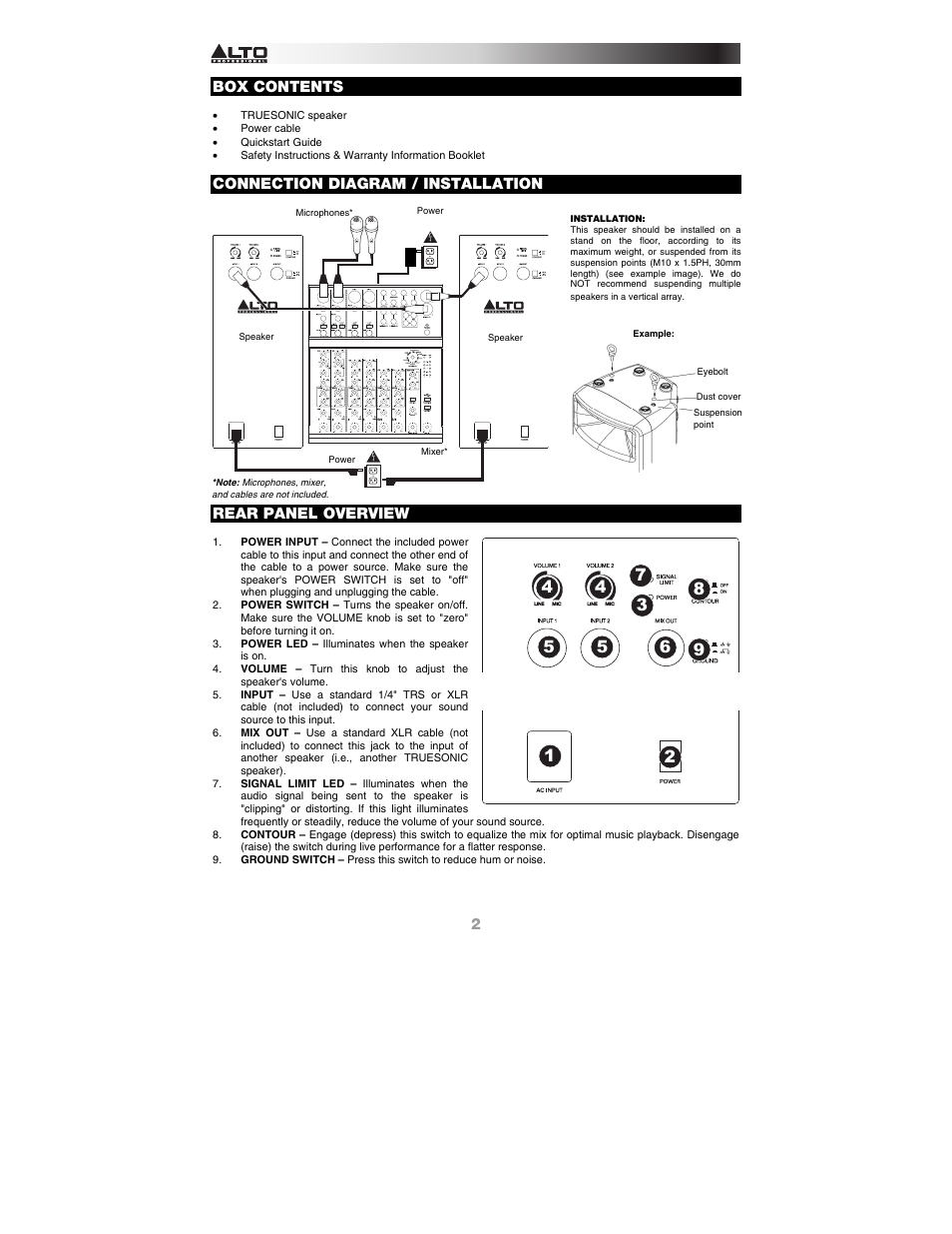 Box contents, Connection diagram / installation, Rear panel overview | Alto Professional TS110A User Manual | Page 2 / 8