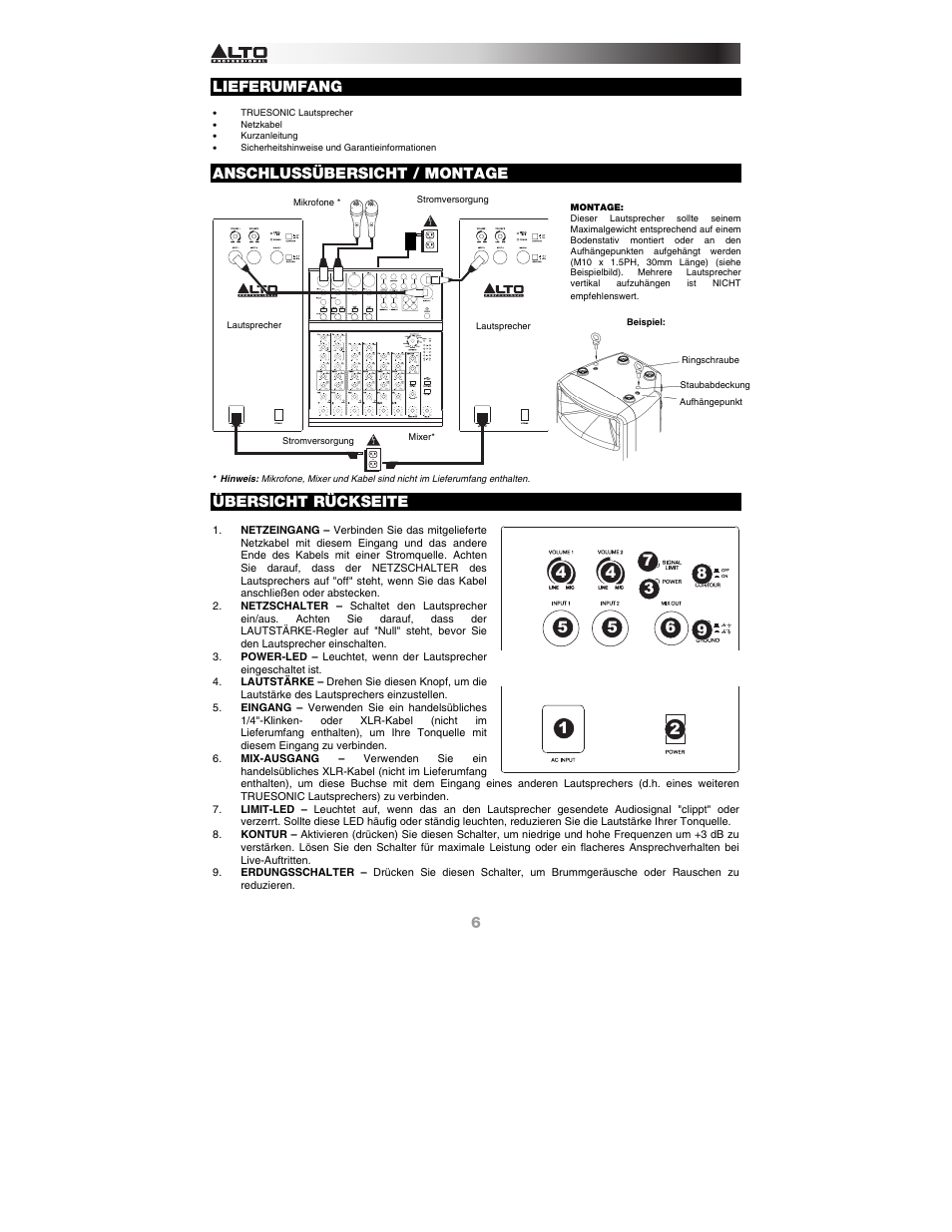 Lieferumfang, Anschlussübersicht / montage, Übersicht rückseite | Alto Professional TS110A User Manual | Page 6 / 8