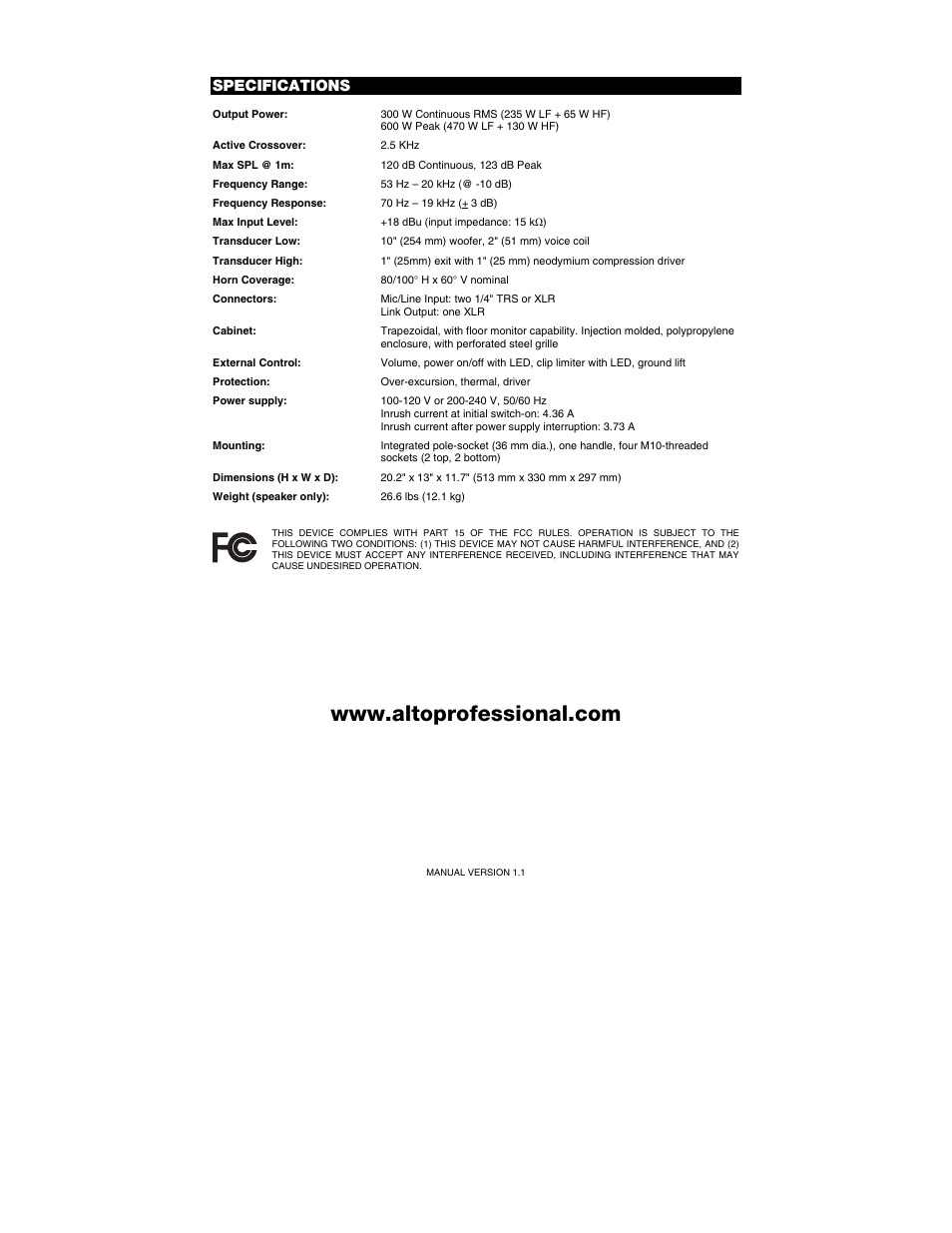 Specifications | Alto Professional TS110A User Manual | Page 8 / 8