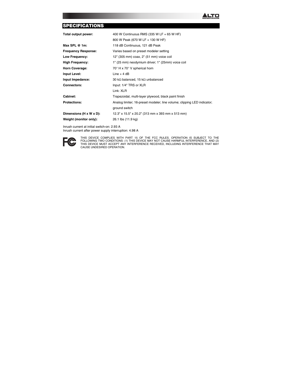 Specifications | Alto Professional SXM112A User Manual | Page 15 / 16