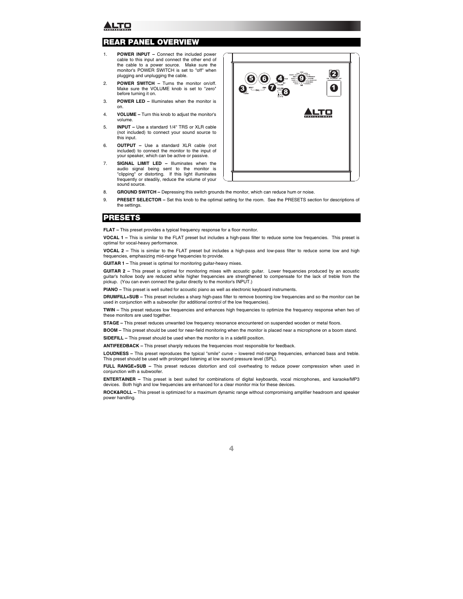 Rear panel overview, Presets | Alto Professional SXM112A User Manual | Page 4 / 16