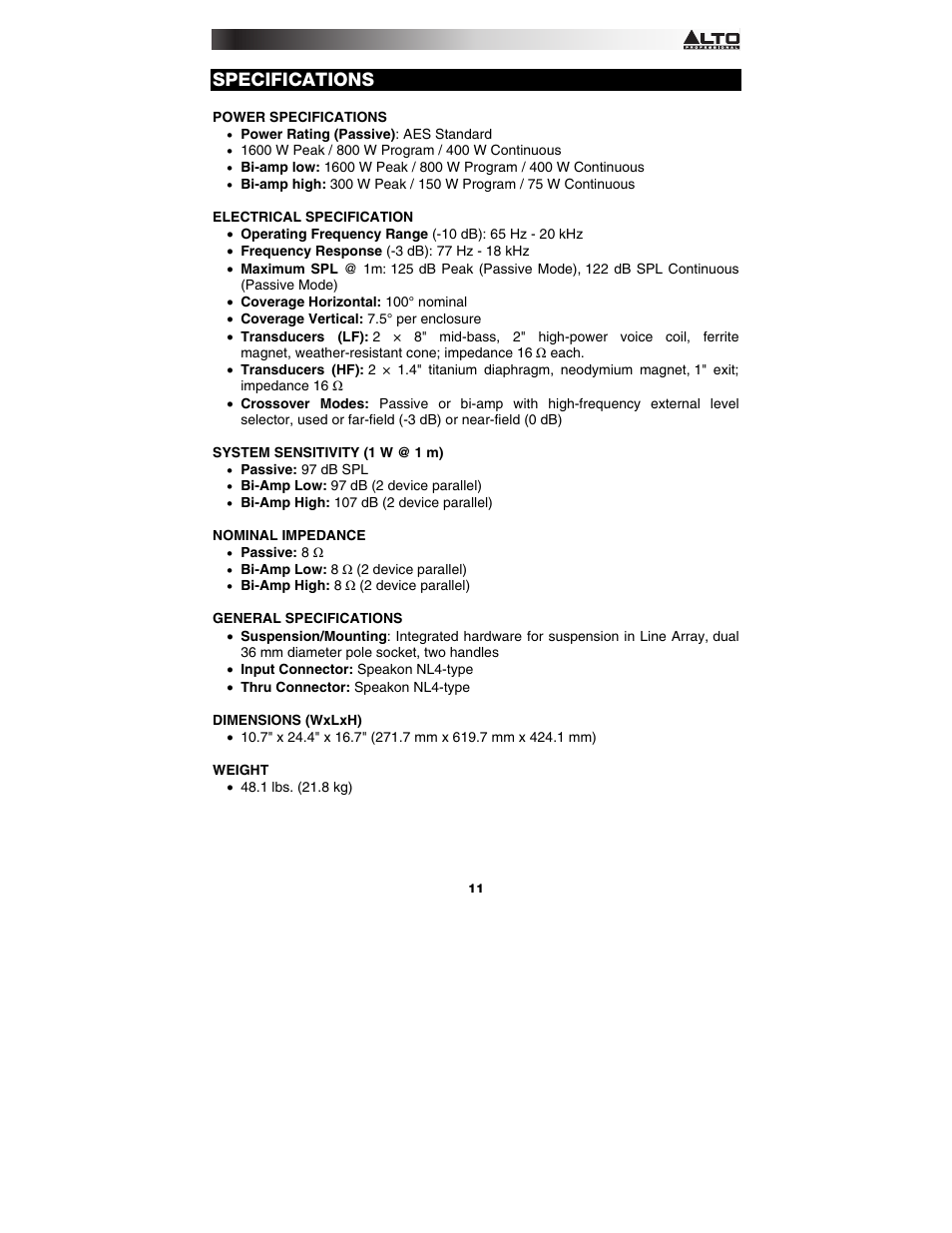 Specifications | Alto Professional SXA28P User Manual | Page 11 / 12