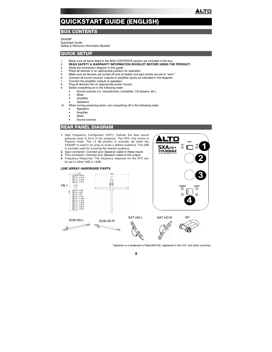 Quickstart guide (english), Box contents, Quick setup | Rear panel diagram | Alto Professional SXA28P User Manual | Page 3 / 12