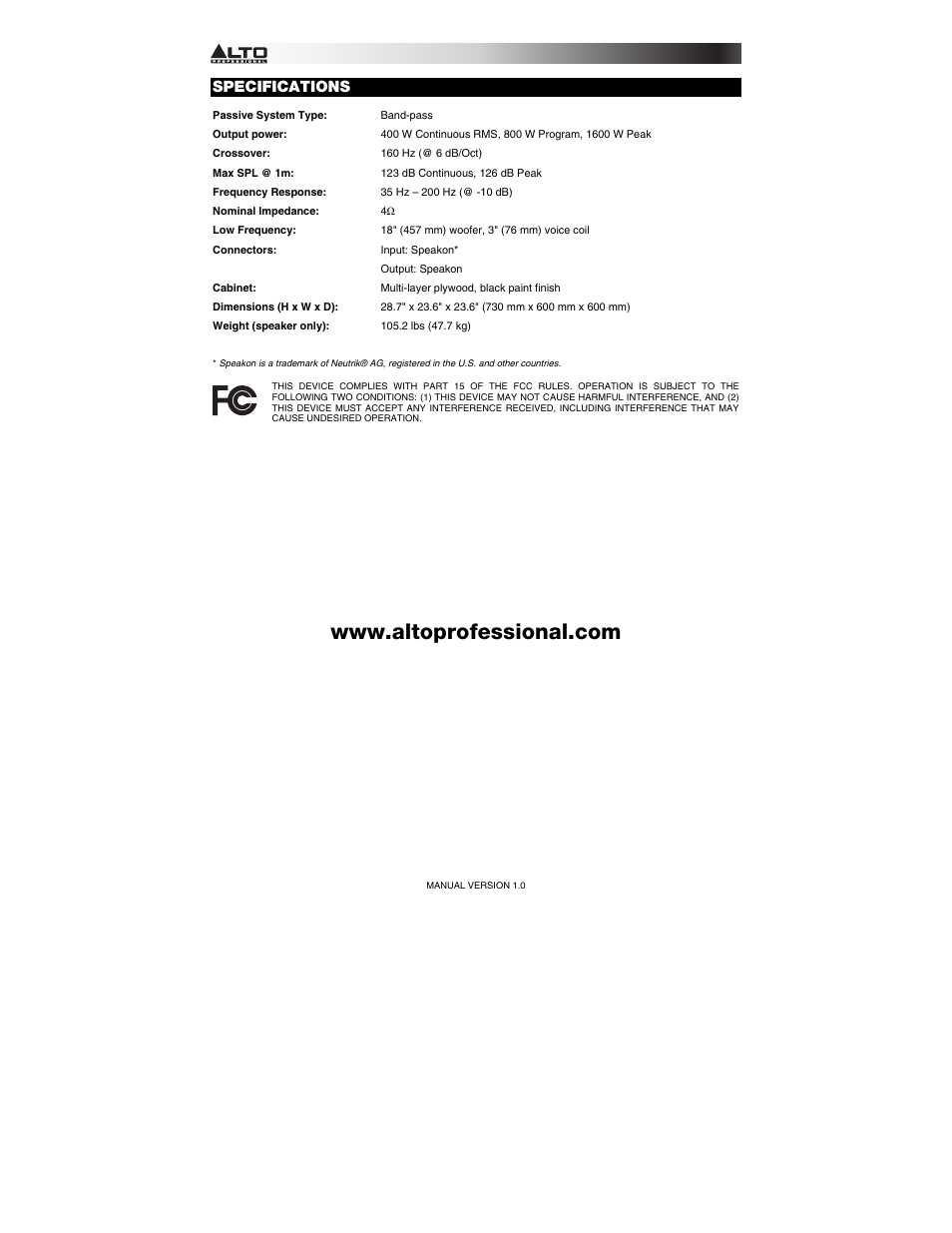 Specifications | Alto Professional SX-SUB18 User Manual | Page 8 / 8