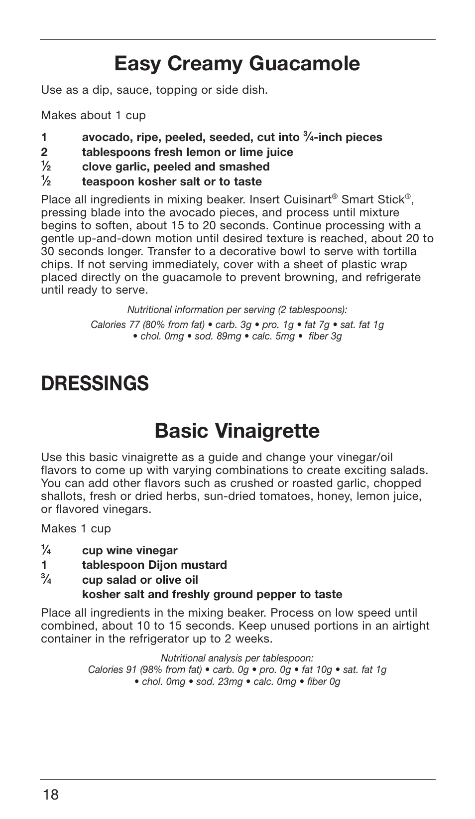 Easy creamy guacamole, Dressings basic vinaigrette | Cuisinart CSB-76 SERIES User Manual | Page 18 / 25