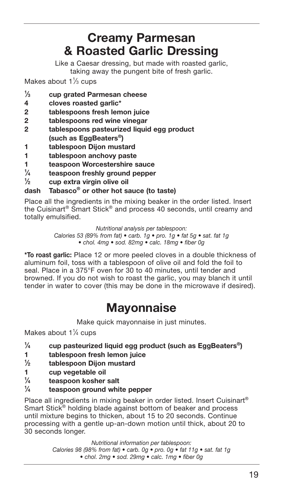 Creamy parmesan & roasted garlic dressing, Mayonnaise | Cuisinart CSB-76 SERIES User Manual | Page 19 / 25