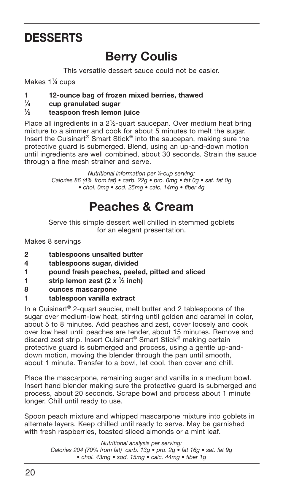 Desserts berry coulis, Peaches & cream | Cuisinart CSB-76 SERIES User Manual | Page 20 / 25