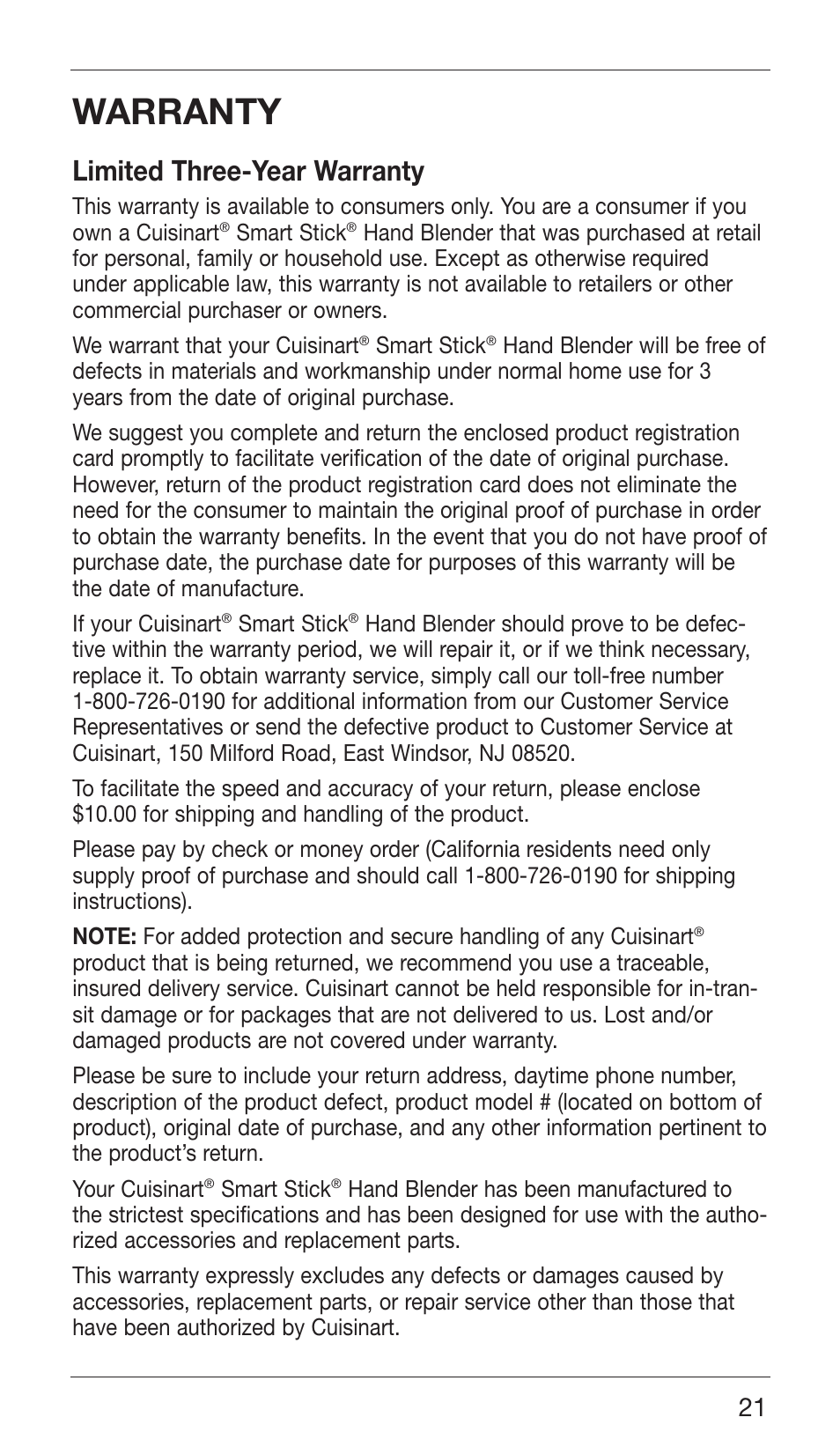 Warranty, Limited three-year warranty | Cuisinart CSB-76 SERIES User Manual | Page 21 / 25