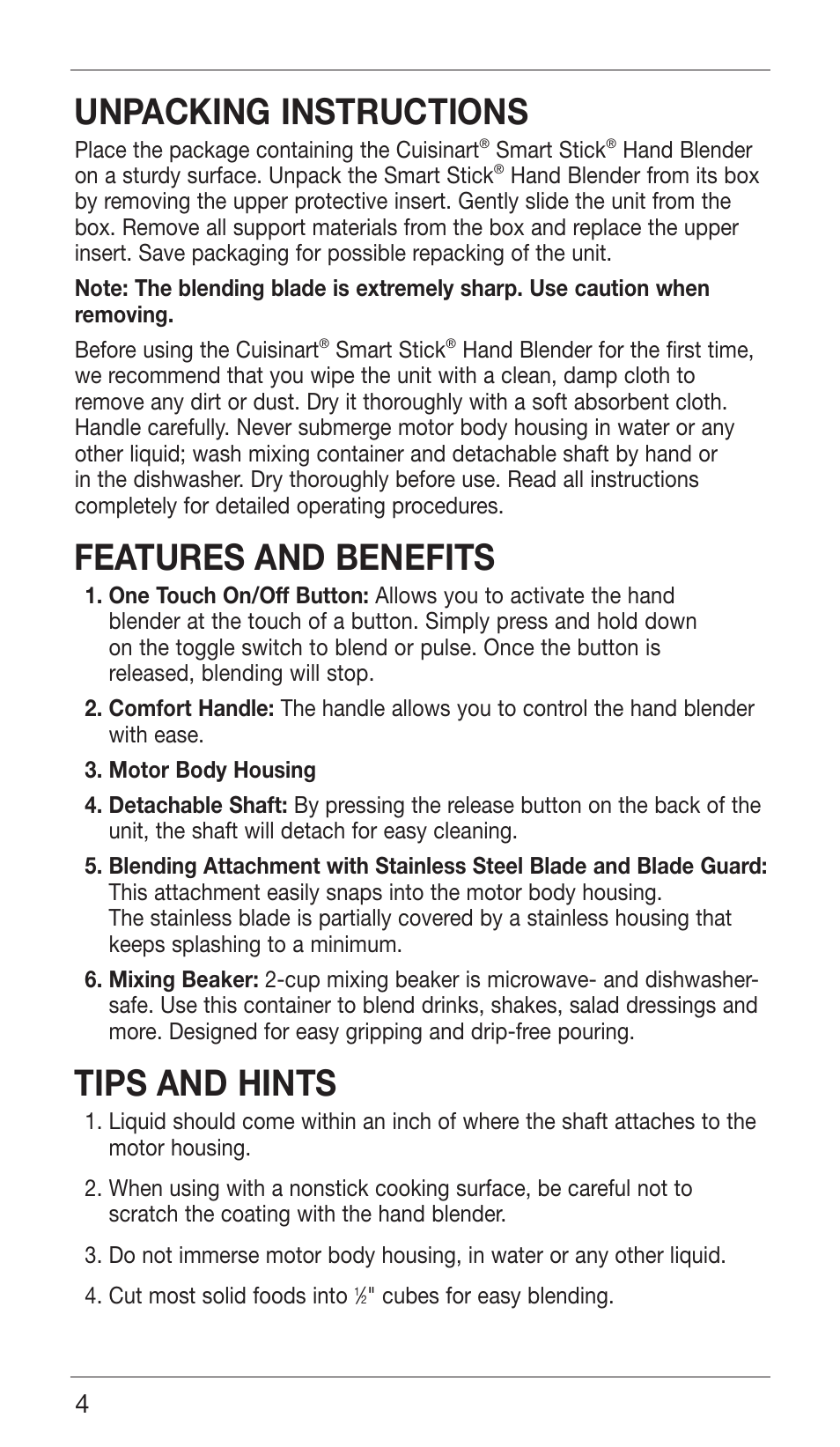 Unpacking instructions, Features and benefits, Tips and hints | Cuisinart CSB-76 SERIES User Manual | Page 4 / 25