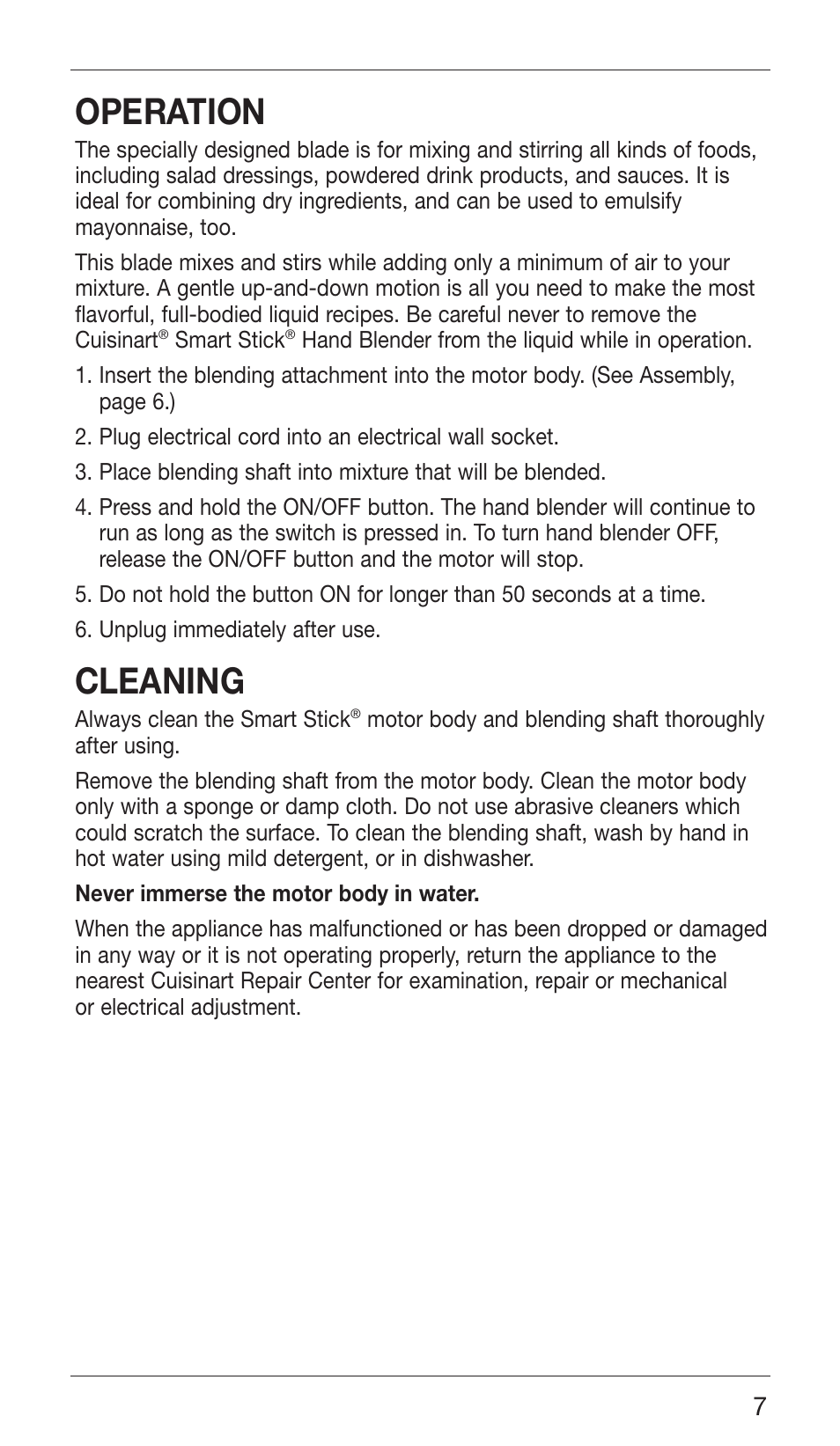 Operation, Cleaning | Cuisinart CSB-76 SERIES User Manual | Page 7 / 25