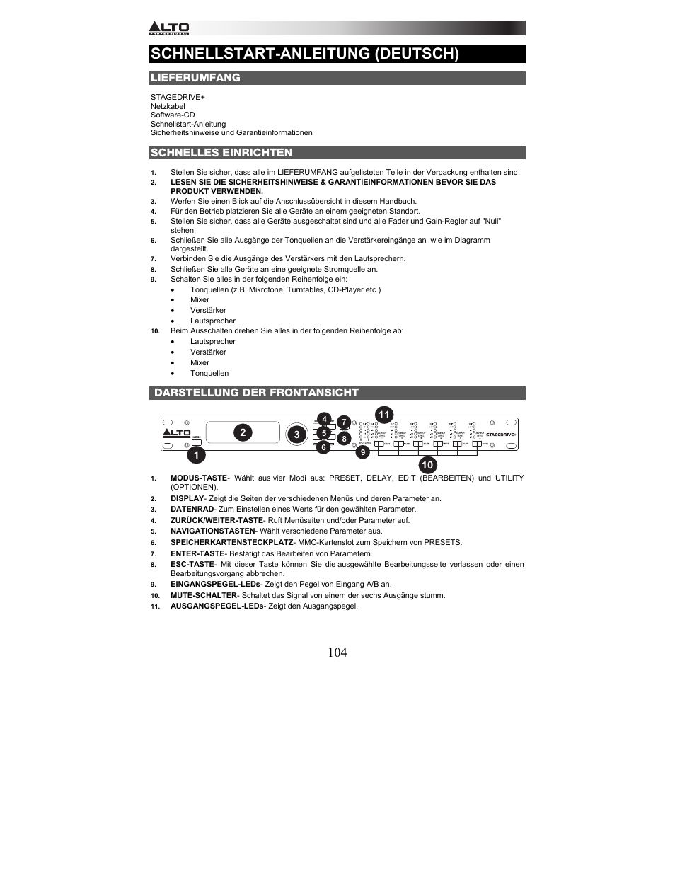 Schnellstart-anleitung (deutsch), Lieferumfang, Schnelles einrichten | Darstellung der frontansicht | Alto Professional STAGEDRIVE+ User Manual | Page 105 / 156