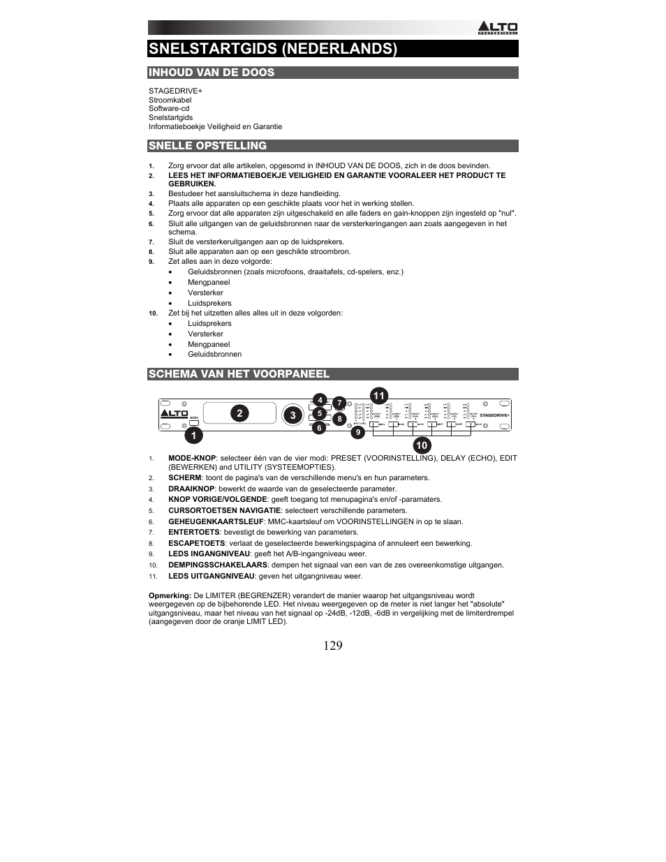 Snelstartgids (nederlands), Inhoud van de doos, Snelle opstelling | Schema van het voorpaneel | Alto Professional STAGEDRIVE+ User Manual | Page 130 / 156