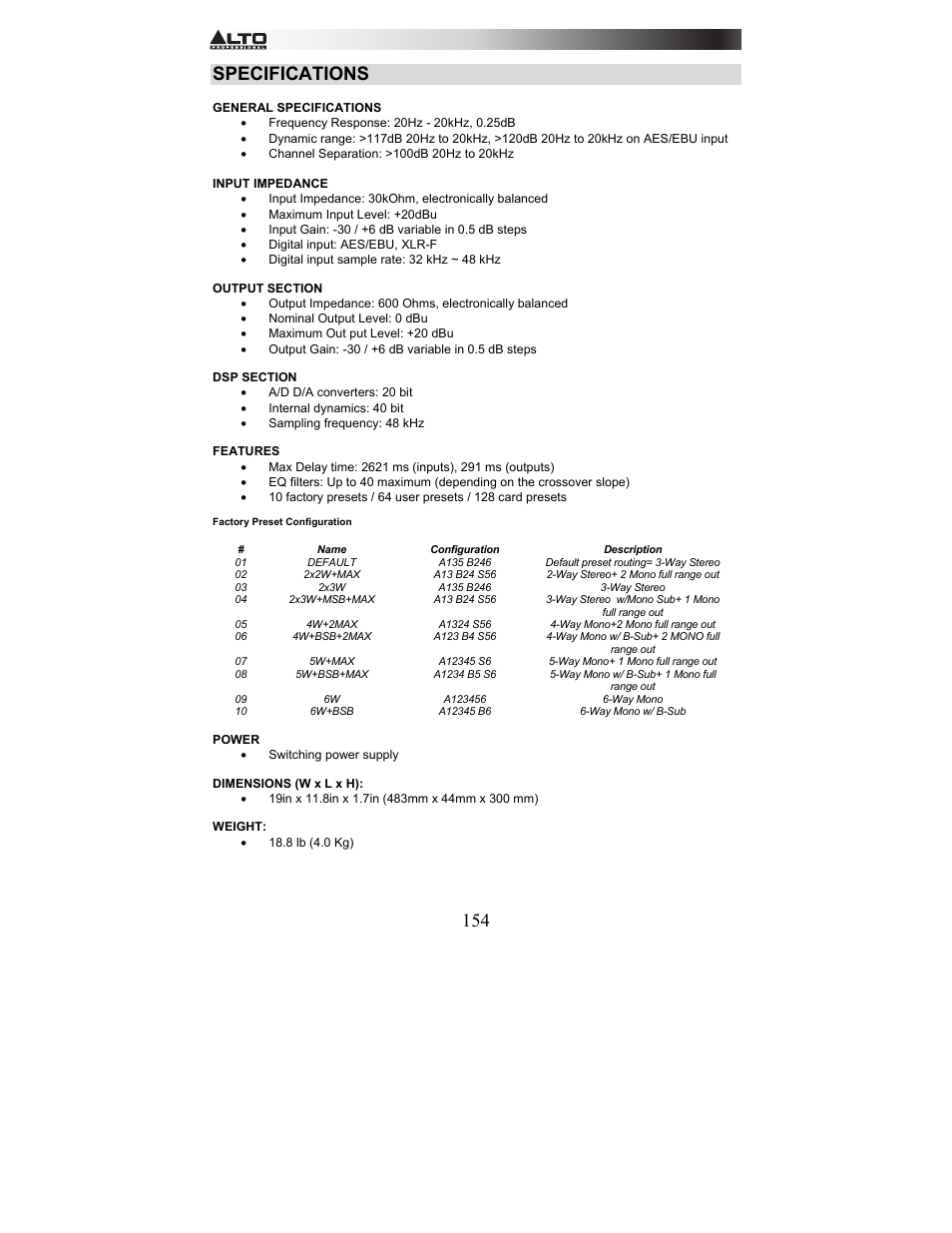 Specifications | Alto Professional STAGEDRIVE+ User Manual | Page 155 / 156