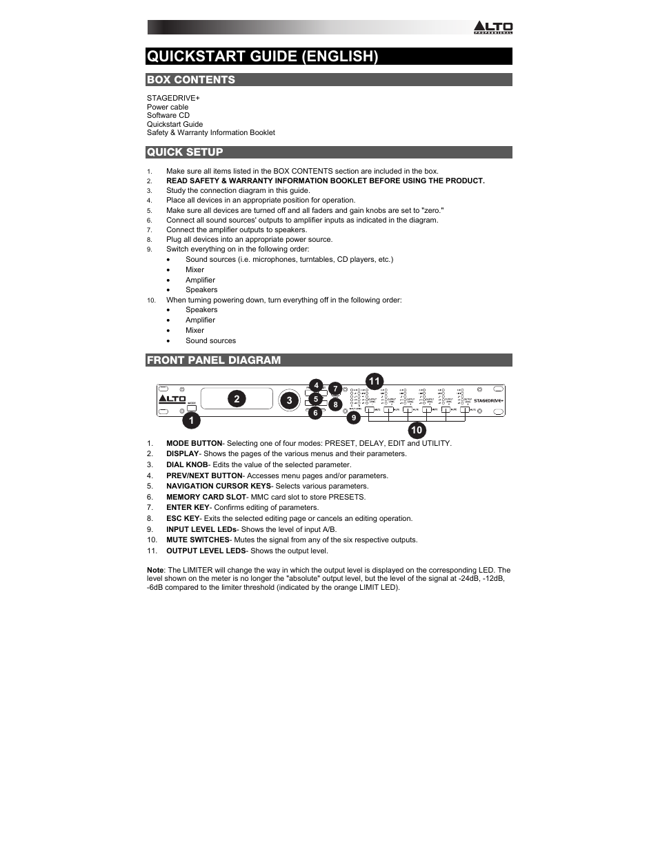 Quickstart guide (english), Box contents, Quick setup | Front panel diagram | Alto Professional STAGEDRIVE+ User Manual | Page 2 / 156