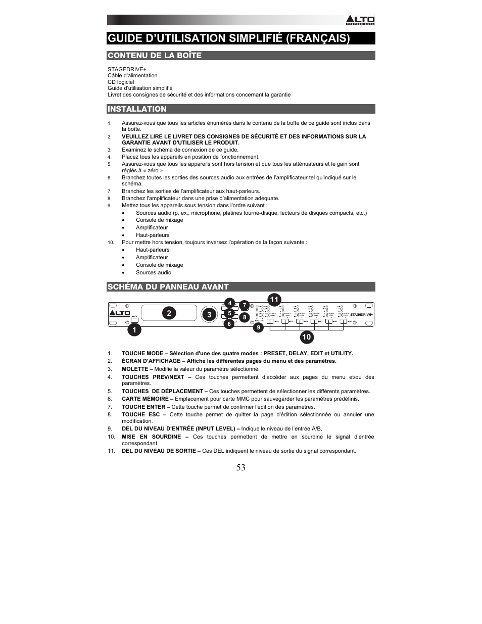Guide d’utilisation simplifié (français), Contenu de la boîte, Installation | Schéma du panneau avant | Alto Professional STAGEDRIVE+ User Manual | Page 54 / 156