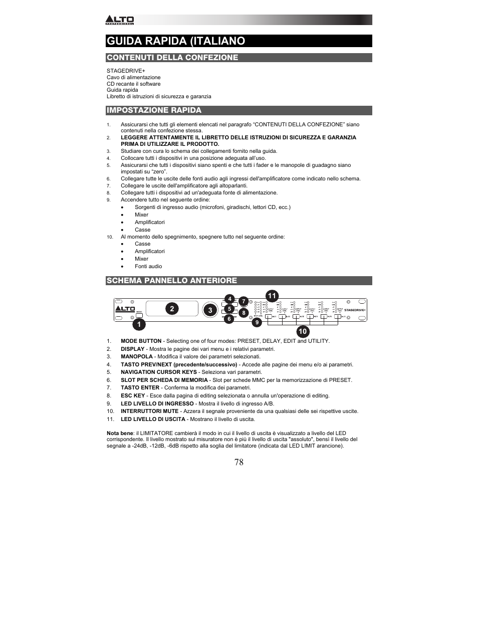 Guida rapida (italiano, Contenuti della confezione, Impostazione rapida | Schema pannello anteriore | Alto Professional STAGEDRIVE+ User Manual | Page 79 / 156