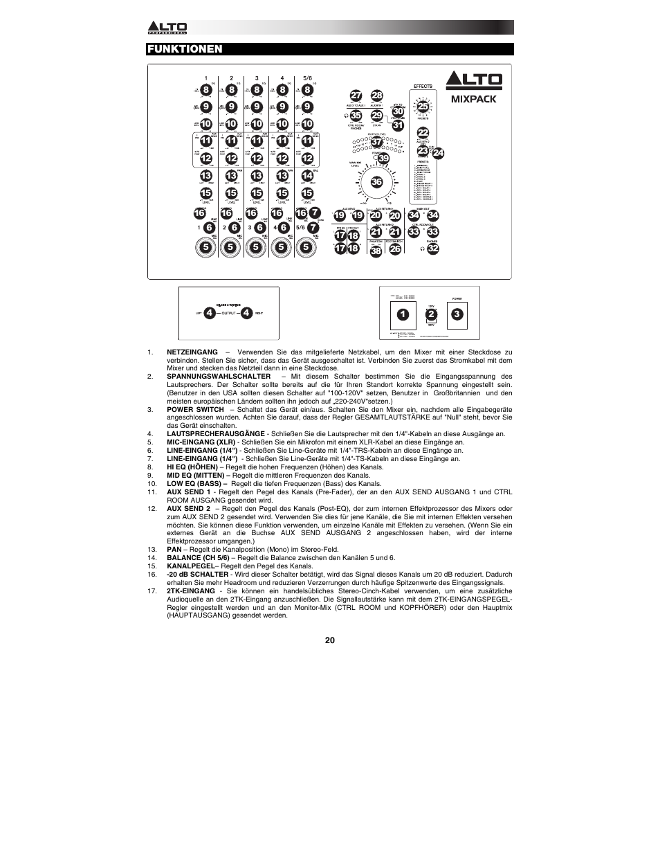 Funktionen | Alto Professional MIXPACK User Manual | Page 20 / 28