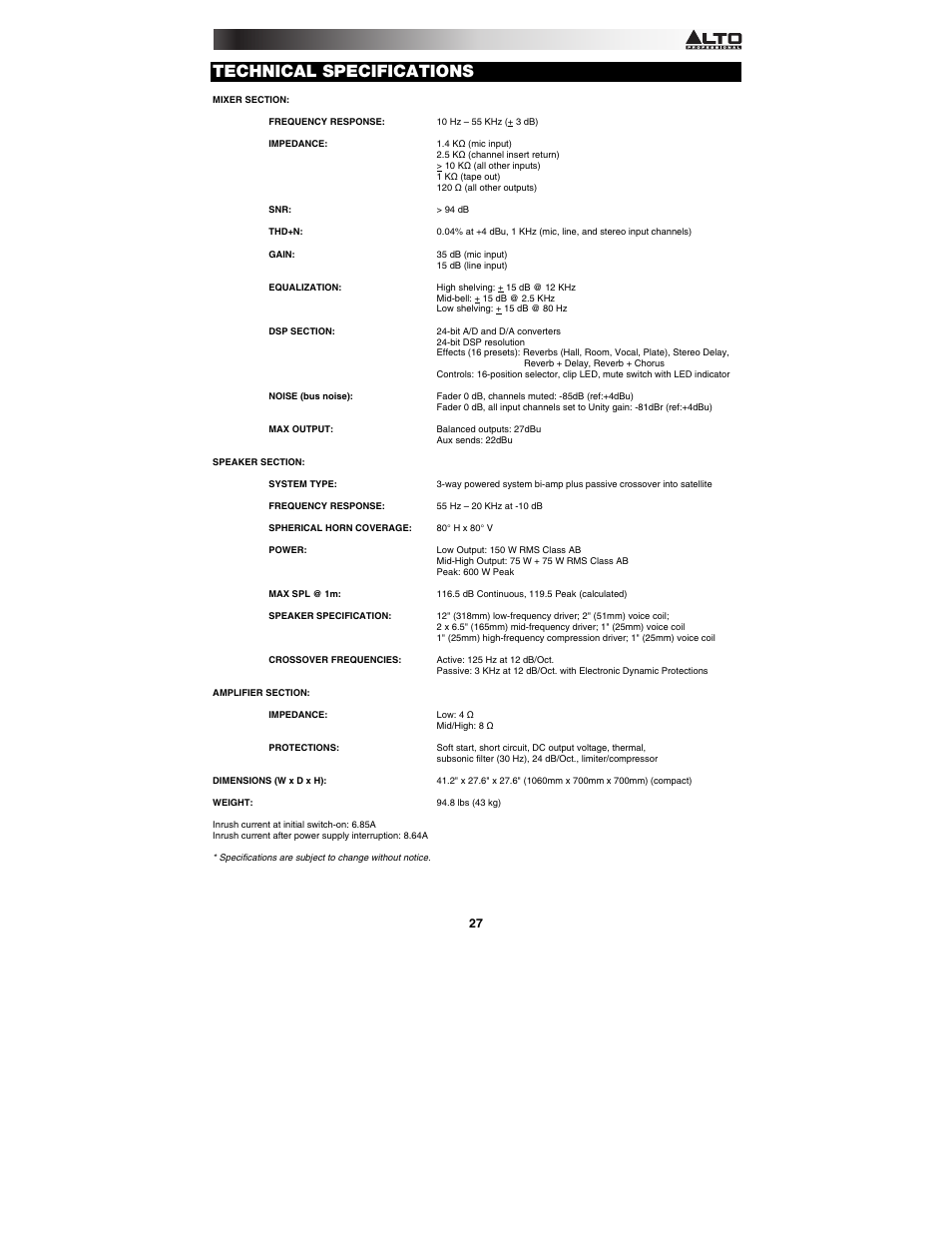 Technical specifications | Alto Professional MIXPACK User Manual | Page 27 / 28