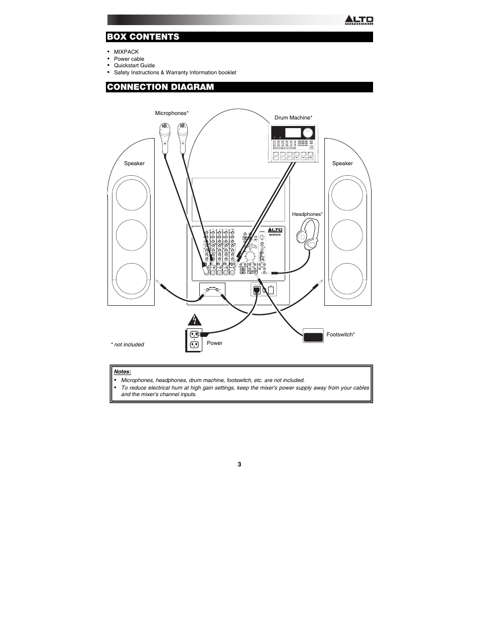 Box contents, Connection diagram | Alto Professional MIXPACK User Manual | Page 3 / 28