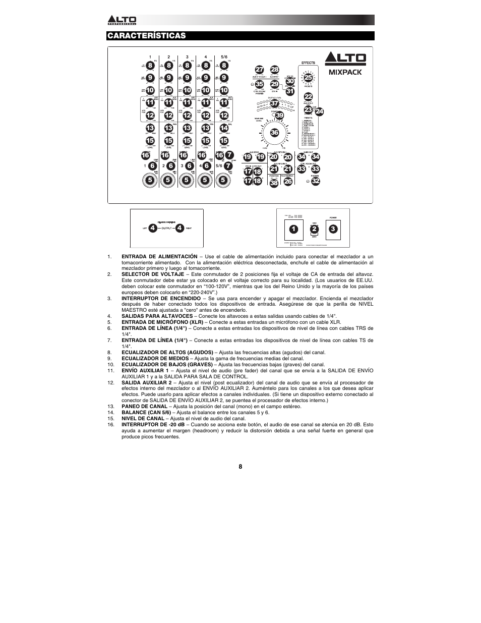 Características | Alto Professional MIXPACK User Manual | Page 8 / 28