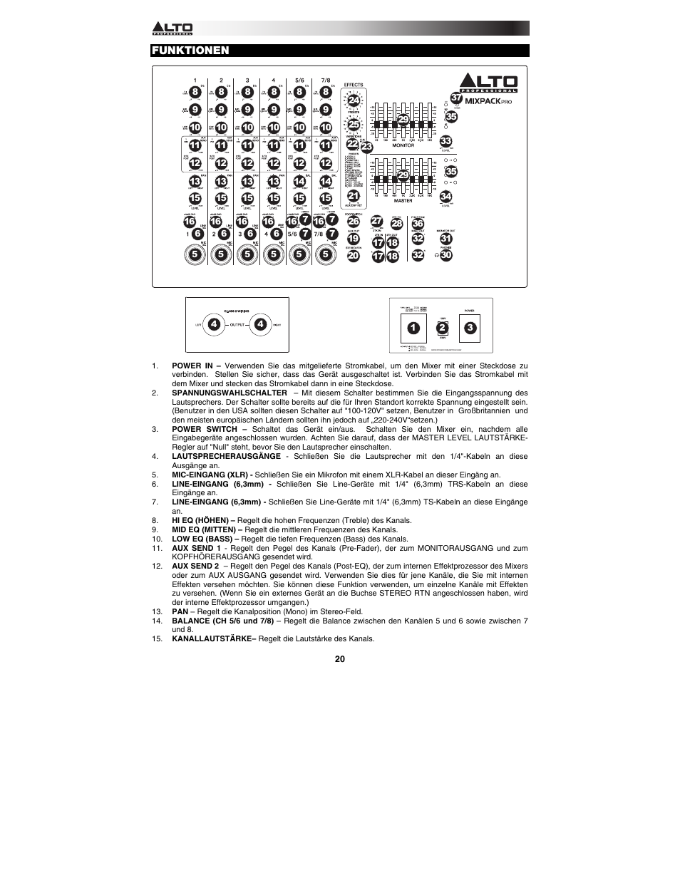 Funktionen | Alto Professional MIXPACK Pro User Manual | Page 20 / 28