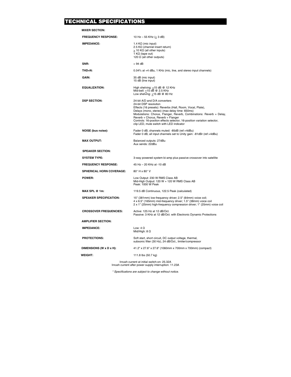 Technical specifications | Alto Professional MIXPACK Pro User Manual | Page 27 / 28