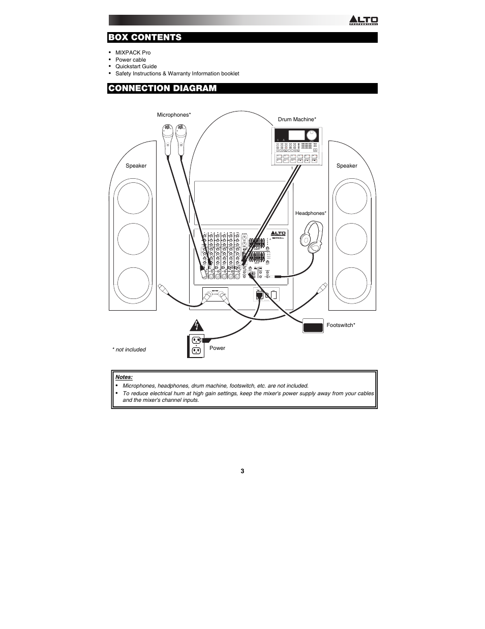 Box contents, Connection diagram | Alto Professional MIXPACK Pro User Manual | Page 3 / 28