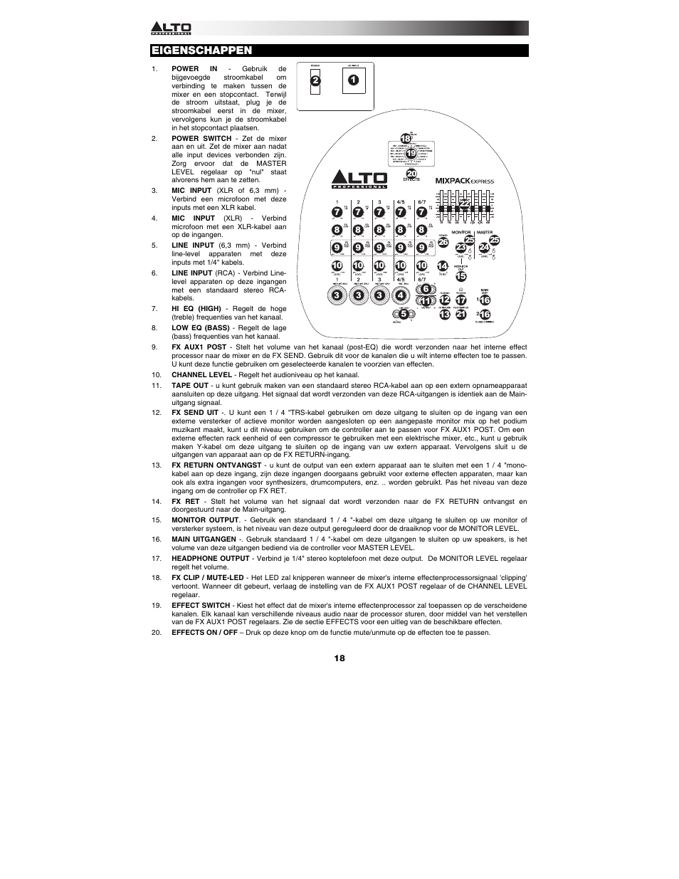 Eigenschappen | Alto Professional MIXPACK Express User Manual | Page 18 / 20