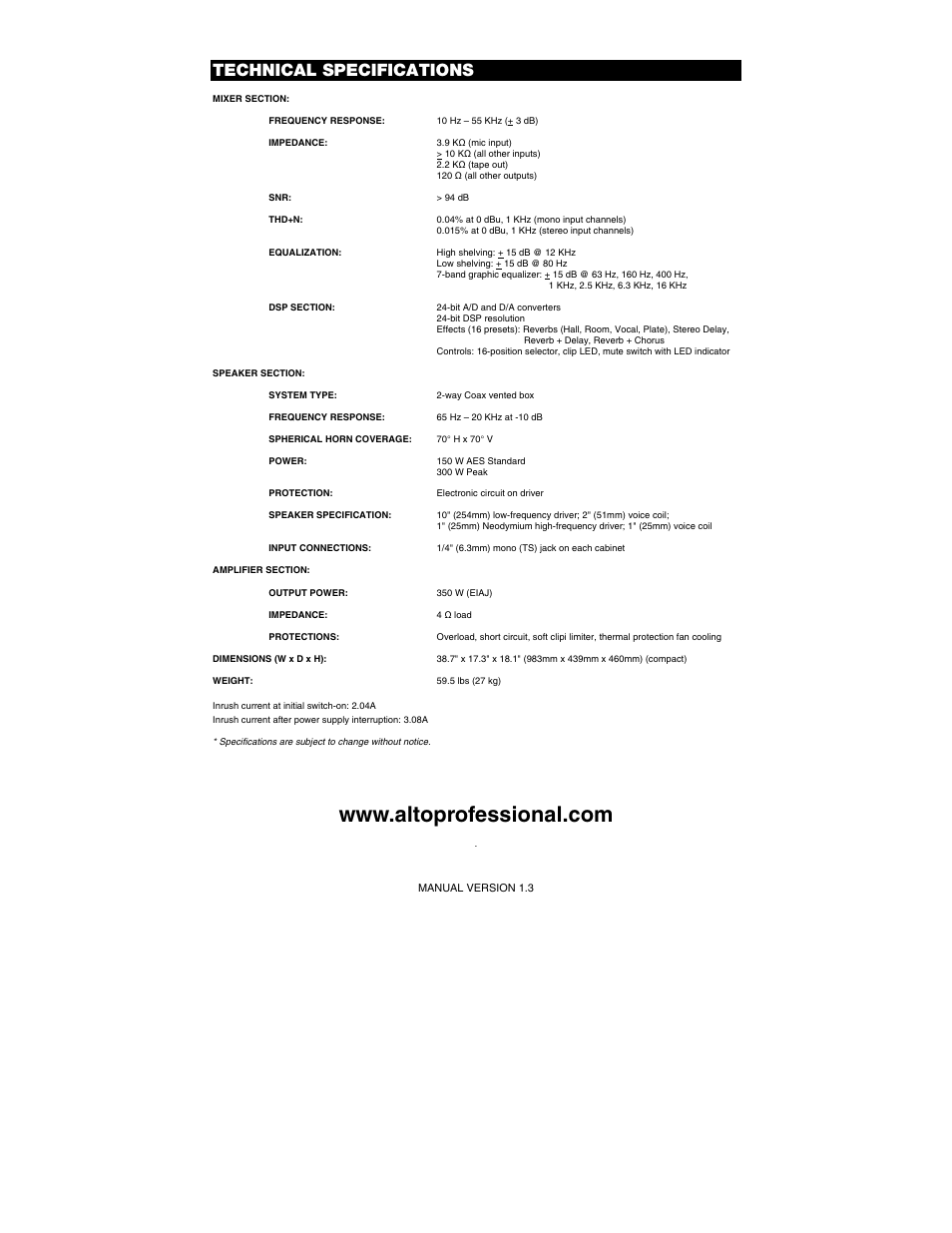Technical specifications | Alto Professional MIXPACK Express User Manual | Page 20 / 20