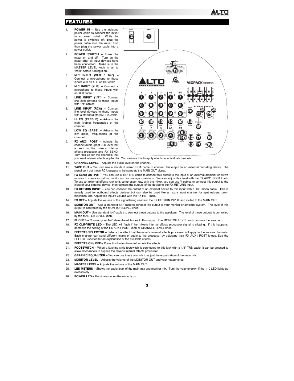 Features, 1new | Alto Professional MIXPACK Express User Manual | Page 3 / 20